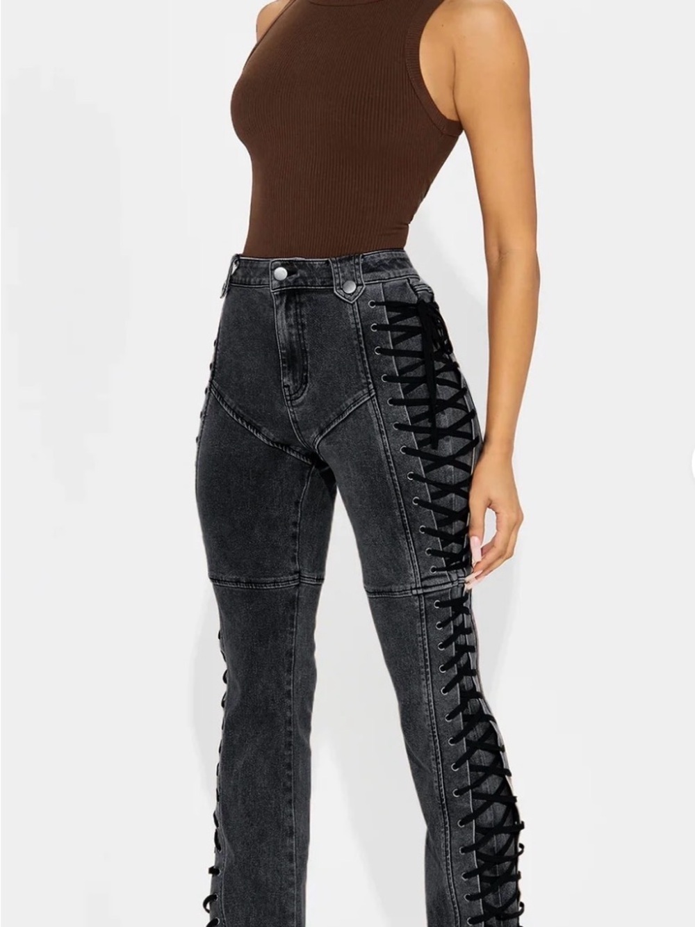 Fashion Nova After Hours Black Lace-Up Side Flared Jeans